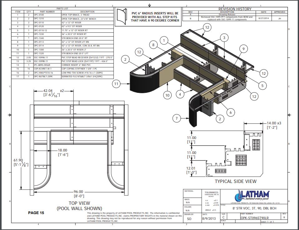 8' Straight Step Polymer 90 Deg. 3-Tread 6" Radius w/ Double Bench